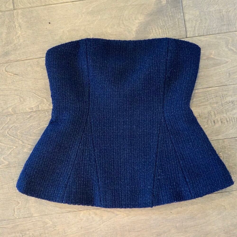 Meshki Navy Boucle Wool Strapless Corset Peplum Bustier Top XS Australia